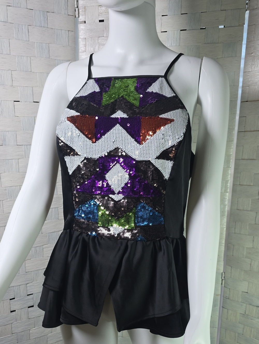 Bebe Black Sequin Geo-Peplum Camisole